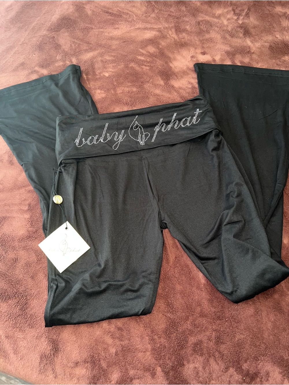 Baby Phat Black Fold-Over Waist Yoga Pants with Rhinestone Logo